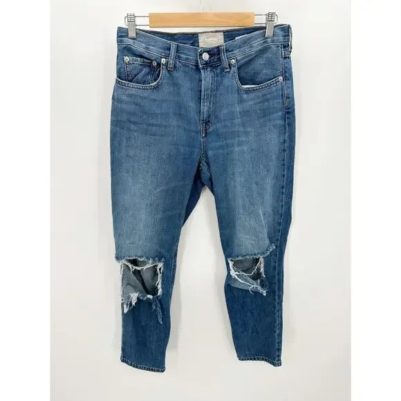 Everlane The Summer Medium Wash Blue Denim Busted Knee Jeans Women's Size 28 - Picture 1 of 9